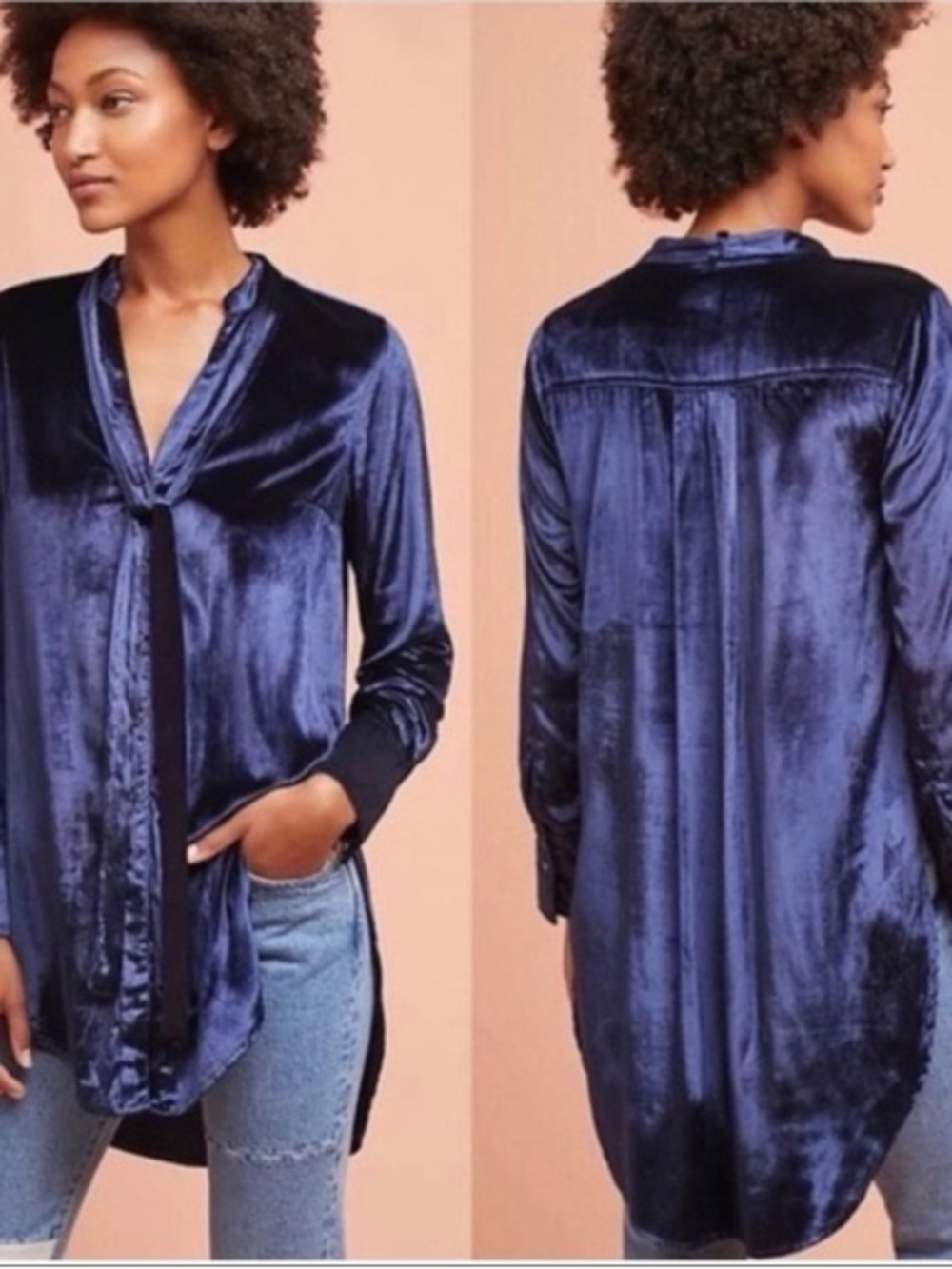 Maeve Anthropologie Crushed Velvet Shirt Navy Blue Tie Neck Size 2